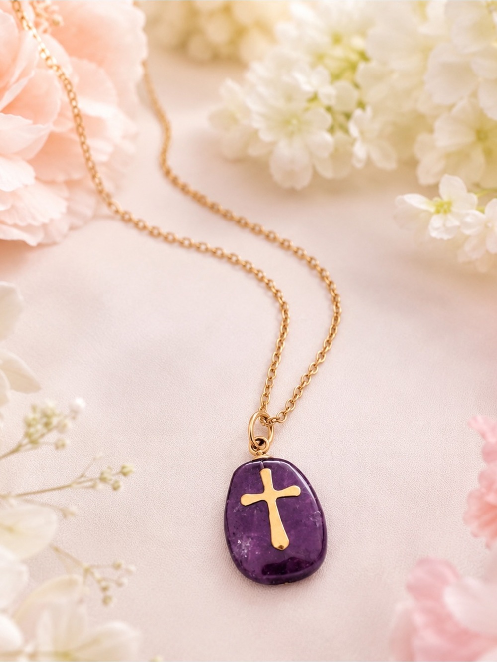 Gold Cross Amethyst Pendant Necklace - Purple Stone